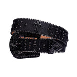 Engraved Buckle Cross Black Strap With Black Studded Rhinestone Belt
