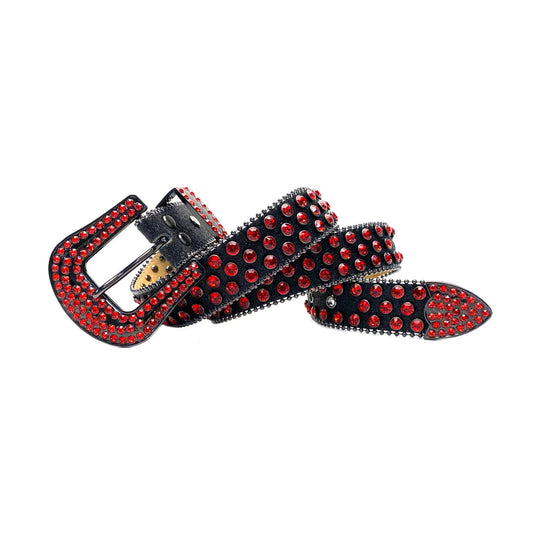 Black Strap With Red Studded Rhinestone Belt