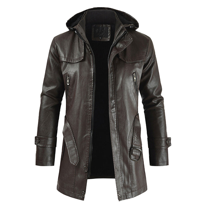 Brown Fashion Hooded Long Leather Motorcycle Coat