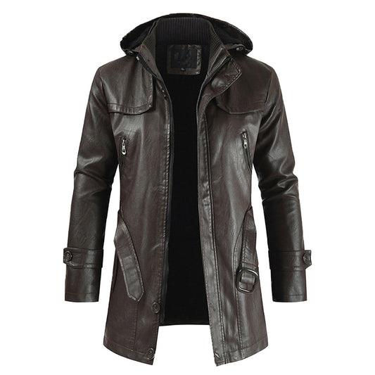 Brown Fashion Hooded Long Leather Motorcycle Coat
