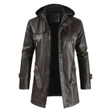Brown Fashion Hooded Long Leather Motorcycle Coat