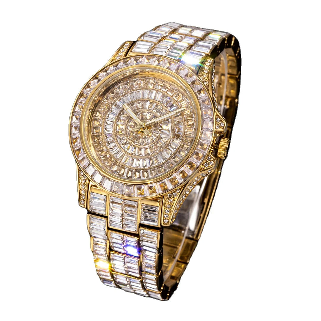 Luxury Gold Hip-Hop Quartz Watch with Faux Gemstones