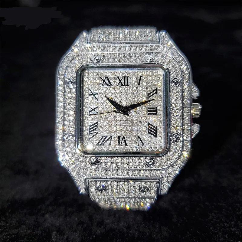 Iced-Out Men's Quartz Watch with CZ & Moissanite Stones