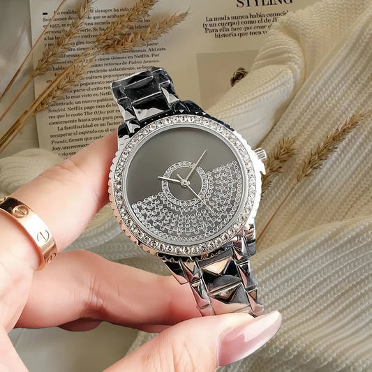 Diamond Luxury Women's Watches Silver & Black Dial, Rhinestone Accents