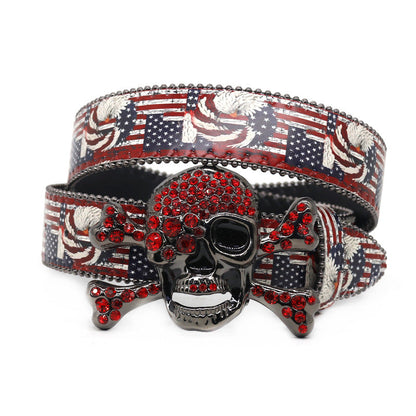Skull Buckle America Flag Strap With Red Studded Rhinestone Belt