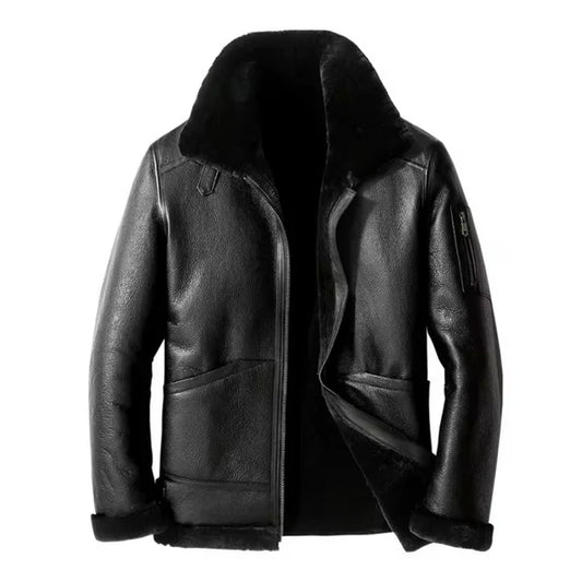 Men's Black Faux Shearling B3 Bomber Leather Jacket-Men Shearling Jacket-Premium Leather Store