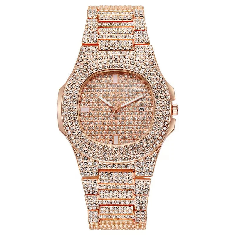 Men's Hip Hop Iced Out Quartz Watch with Stainless Steel Band