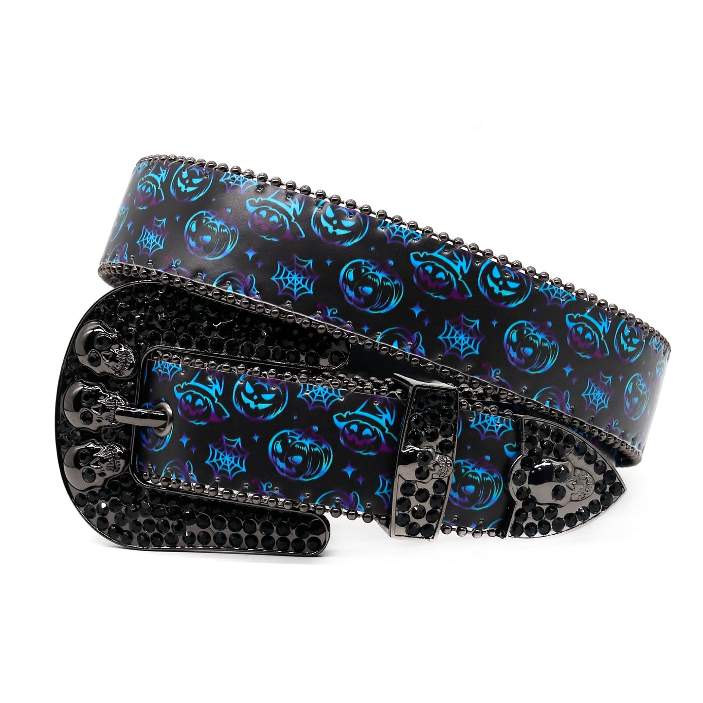 Skull Buckle halloween Strap Black Studded Rhinestone Belt