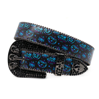 Skull Buckle halloween Strap Black Studded Rhinestone Belt