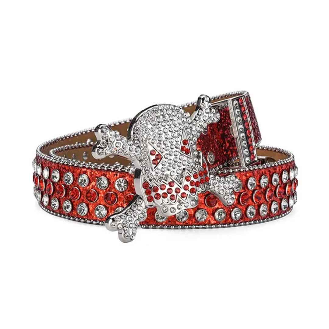 Gengar Silver Buckle Metal Red Strap with Crystal & Rhinestone Studded Belt