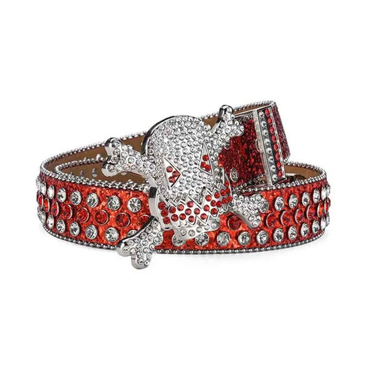 Gengar Silver Buckle Metal Red Strap with Crystal & Rhinestone Studded Belt
