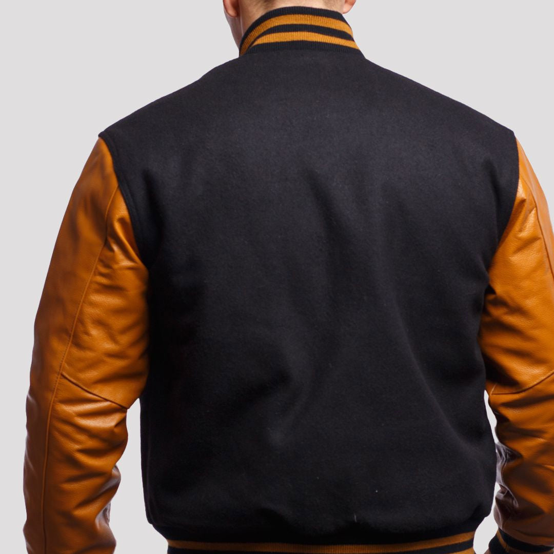 Black Wool Body & Old Gold Leather Sleeves Varsity Jacket