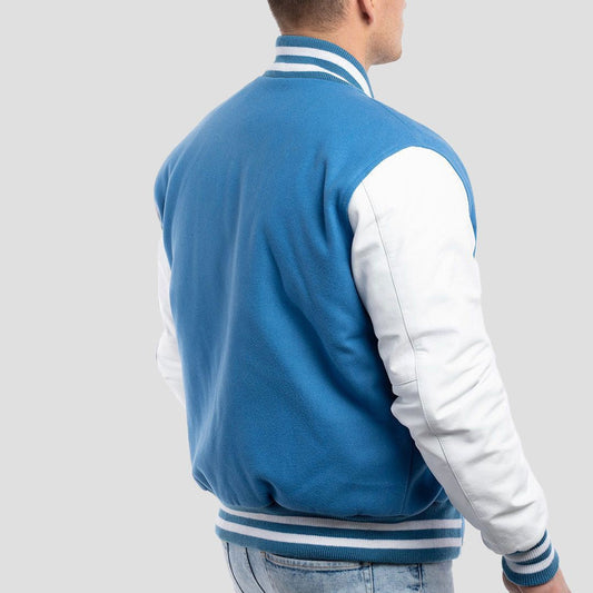 Newark Blue Wool Body & Bright White Leather Sleeves Varsity Jacket