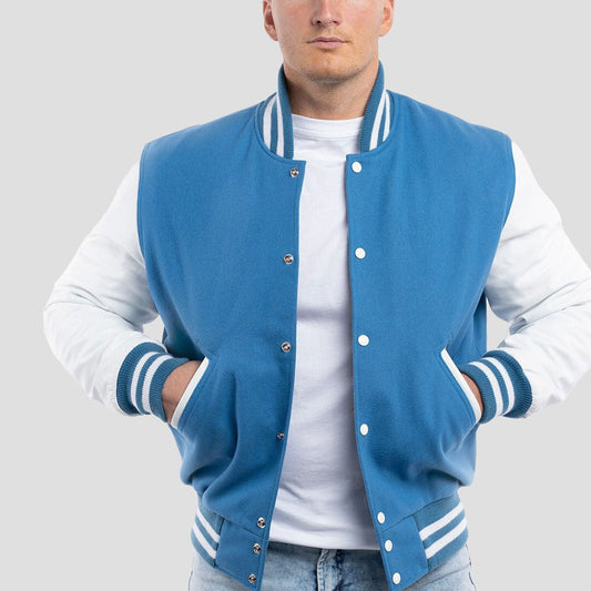 Newark Blue Wool Body & Bright White Leather Sleeves Varsity Jacket