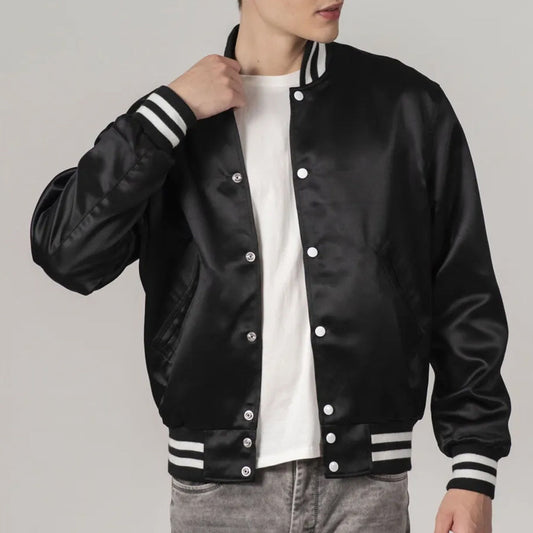 Black Satin And White Stripes Varsity Jacket