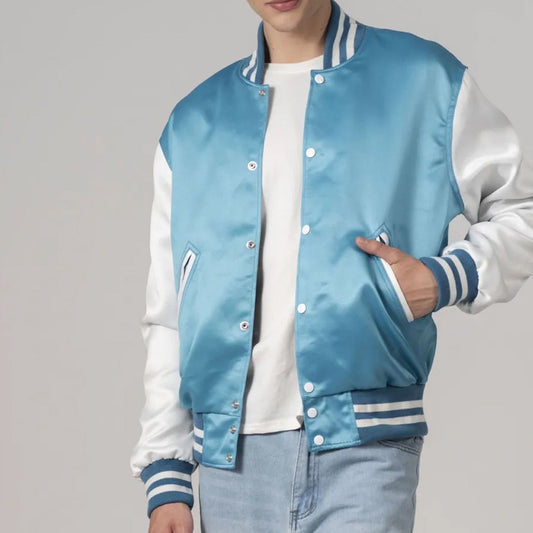 Men's Newark Blue Satin And White Sleeves Varsity Jacket
