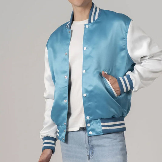 Men's Newark Blue Satin And White Sleeves Varsity Jacket