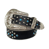 Blue Rhinestone Belt With Black Textured Strap