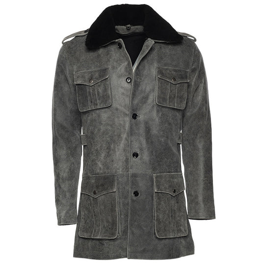 Grey Ryder Fur Collar Leather Coat