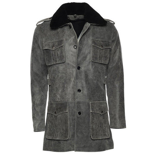Grey Ryder Fur Collar Leather Coat