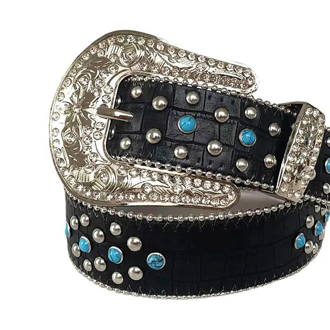 Blue Rhinestone Belt With Black Textured Strap