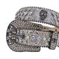 Diamond Rhinestone Belt With Grey Glitter Strap and Skull Buckles