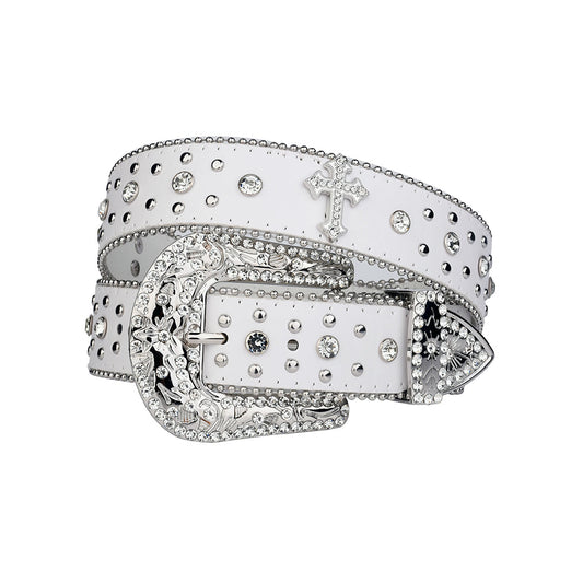 Engraved Buckle Cross White Strap With Crystal Studded Rhinestone Belt