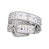 Engraved Buckle Cross White Strap With Crystal Studded Rhinestone Belt