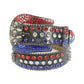 Red And Blue Rhinestone Belt With Black Strap and Skull Buckles