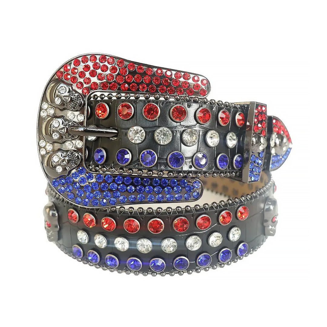 Red And Blue Rhinestone Belt With Black Strap and Skull Buckles