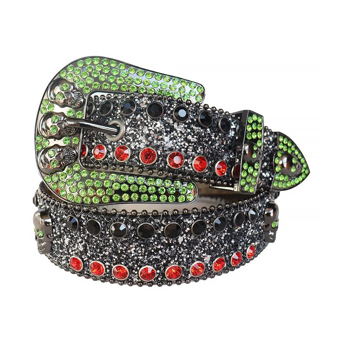 Multi Rhinestone Belt With Black Glitter Strap and Skull Buckles