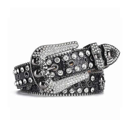 Skull Buckle Black Strap With Crystal Studded Rhinestone Belt