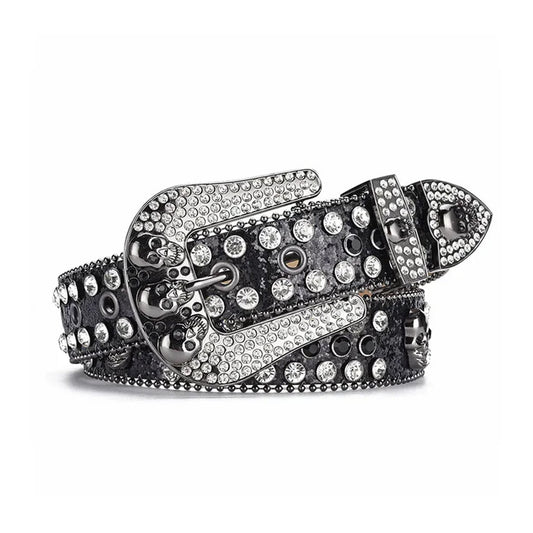 Skull Buckle Black Strap With Crystal Studded Rhinestone Belt