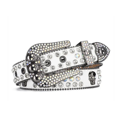 Skull Buckle White Strap With Crystal Studded Rhinestone Belt
