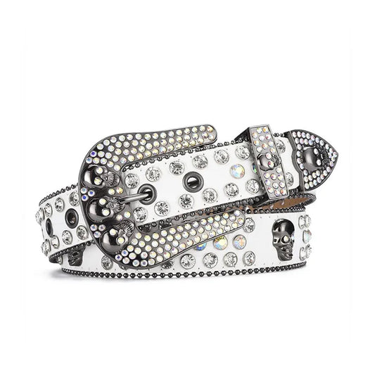 Skull Buckle White Strap With Crystal Studded Rhinestone Belt