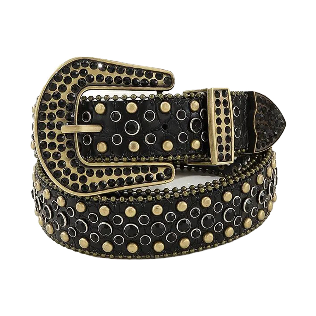 Black Rhinestone and Gold Studs Belt With Black Textured Strap