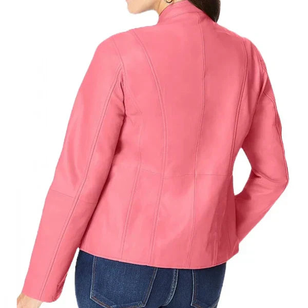 Women's Pink Zip Front Leather Jacket-Women Leather Jacket-Premium Leather Store