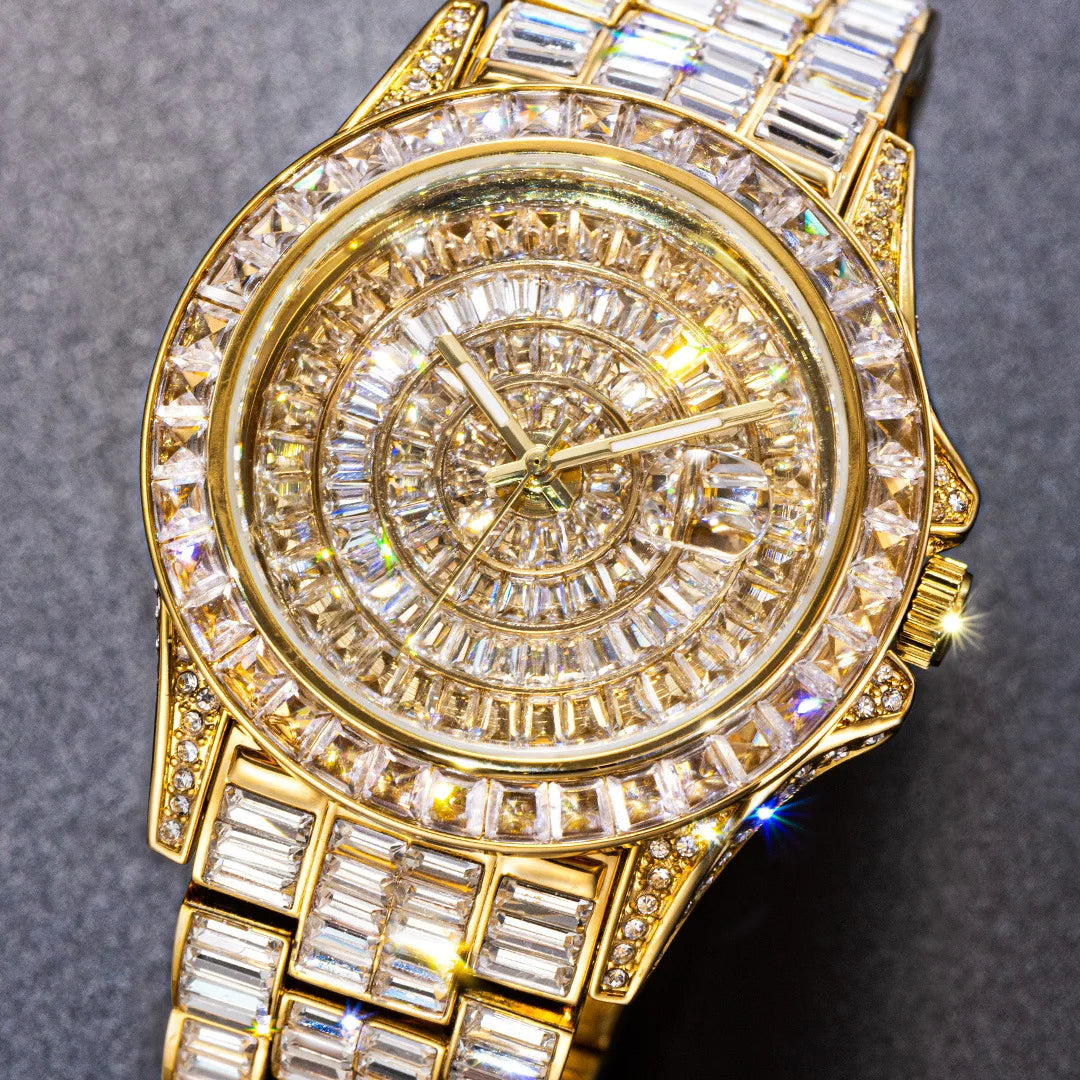Luxury Gold Hip-Hop Quartz Watch with Faux Gemstones