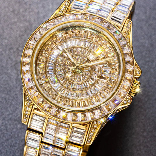Luxury Gold Hip-Hop Quartz Watch with Faux Gemstones