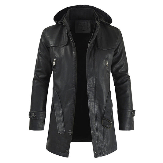 Black Fashion Hooded Long Leather Motorcycle Coat