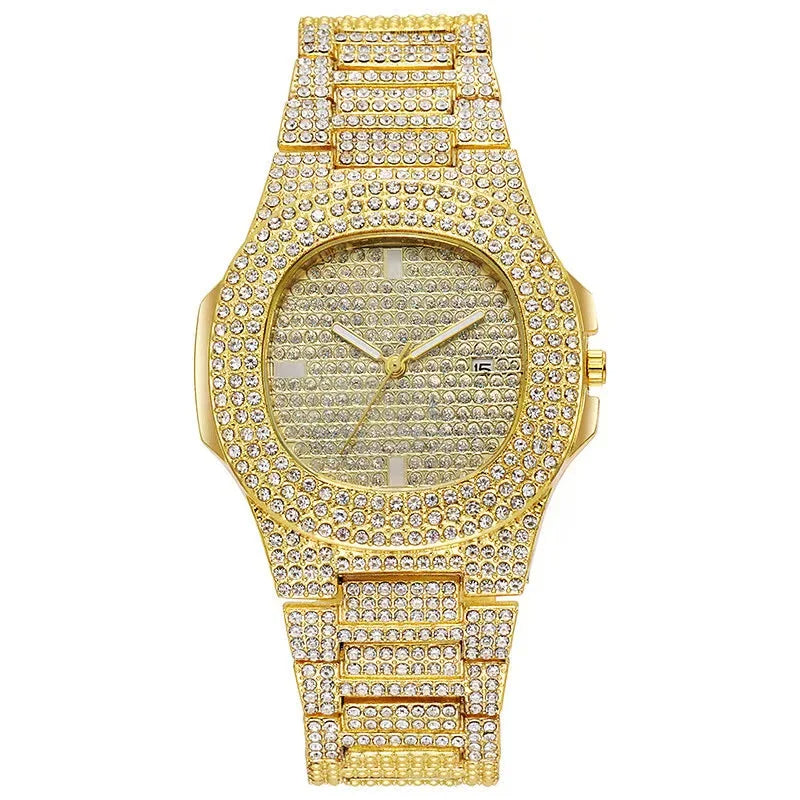 Men's Hip Hop Iced Out Quartz Watch with Stainless Steel Band