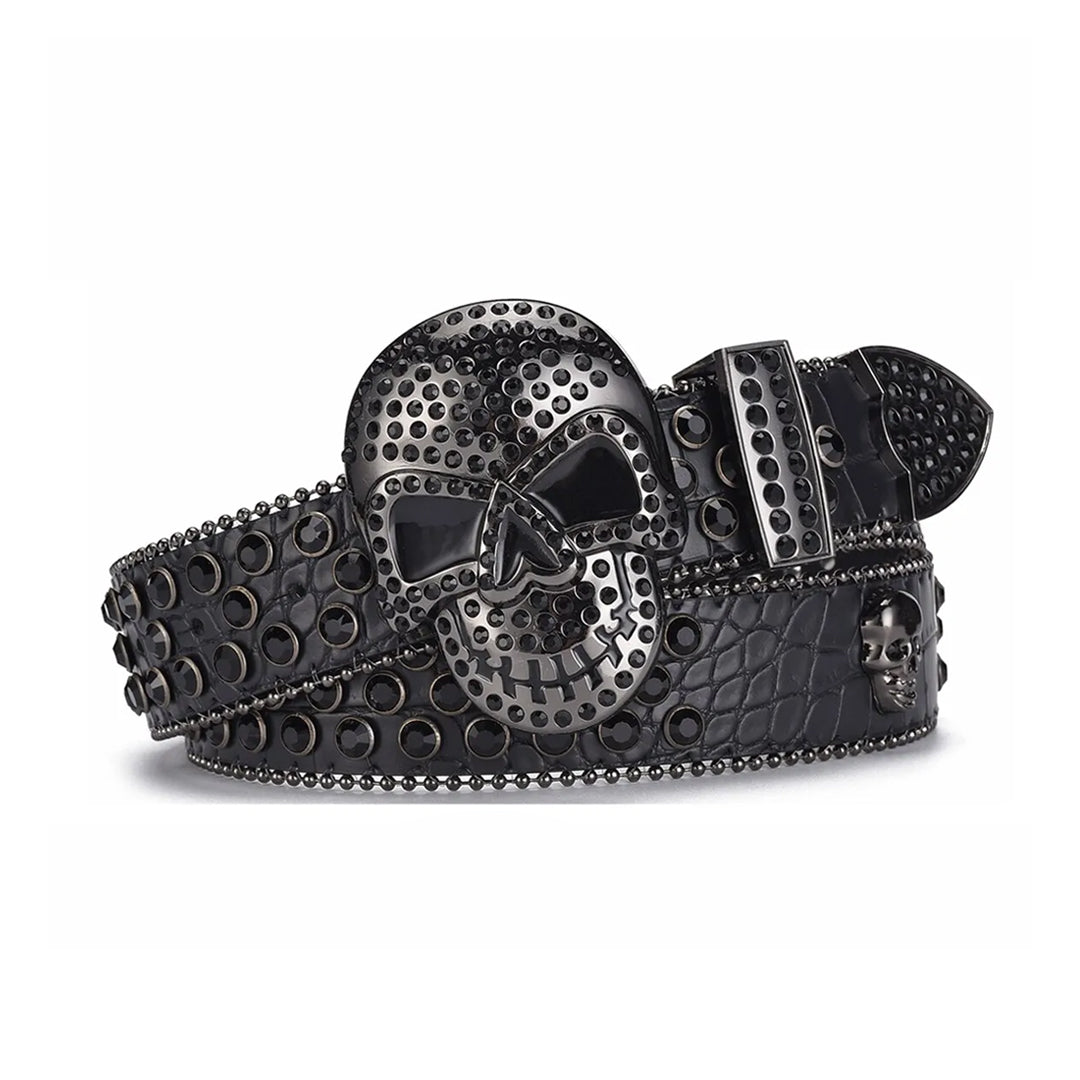 Skull Buckle Black Strap With Black Studded Rhinestone Belt