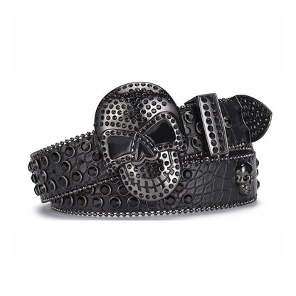 Skull Buckle Black Strap With Black Studded Rhinestone Belt