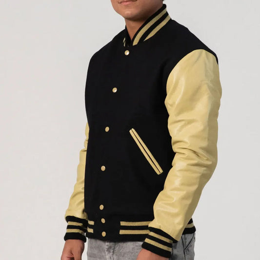 Black Melton Wool Body & Vegas Gold Leather Sleeves Varsity Jacket