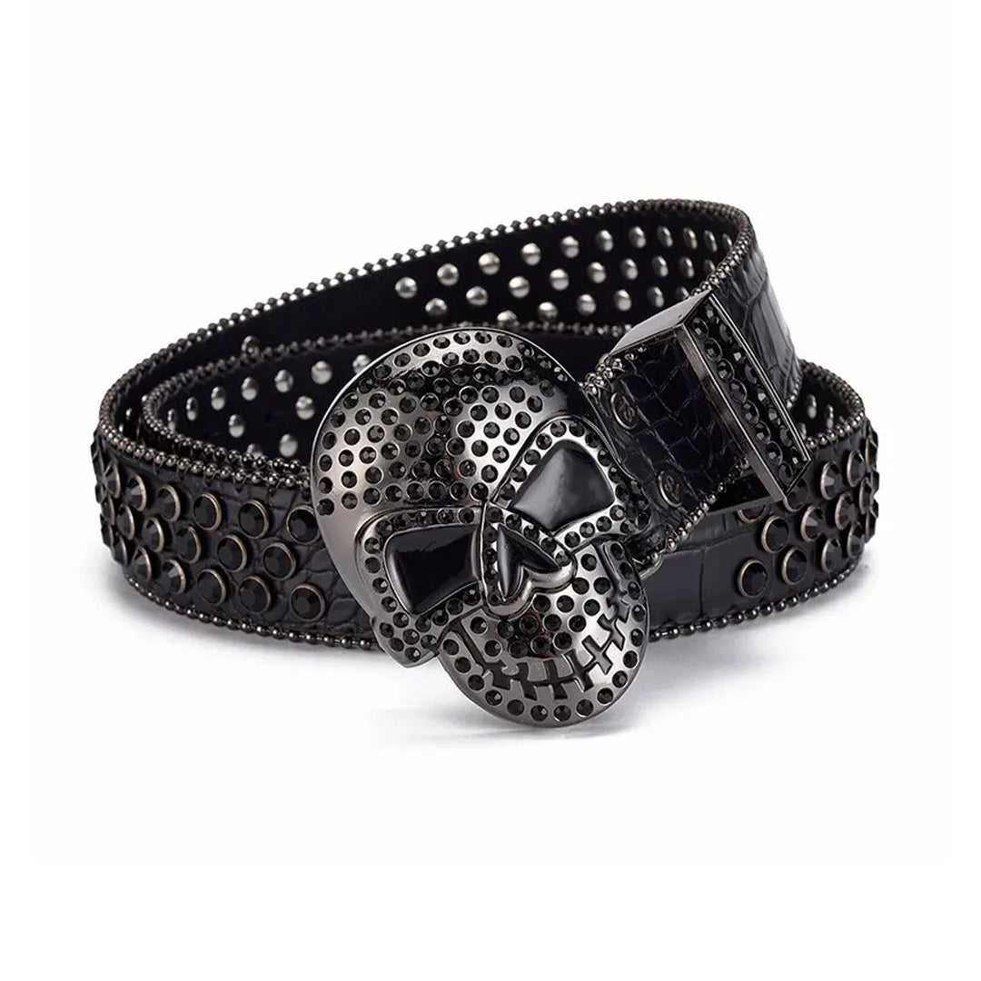 Skull Buckle Black Strap With Black Studded Rhinestone Belt