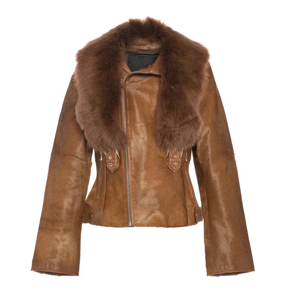 Women's Tara Calf Faux Shearling Brown Fur Leather Jacket-Women Shearling Jacket-Premium Leather Store