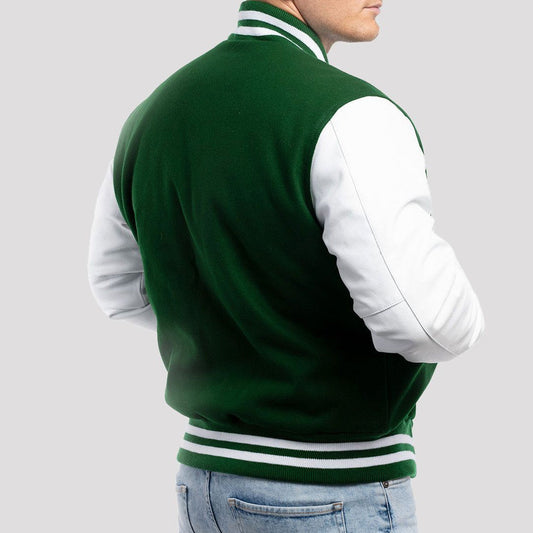 Kelly Green Wool Body & Bright White Leather Sleeves Varsity Jacket
