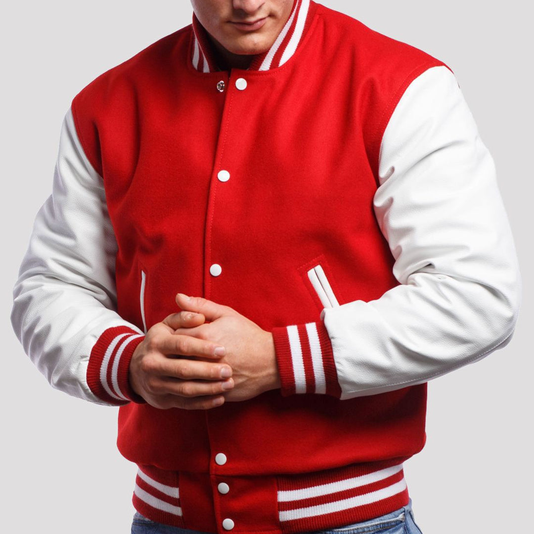 Scarlet Wool Body & Bright White Leather Sleeves Varsity Jacket