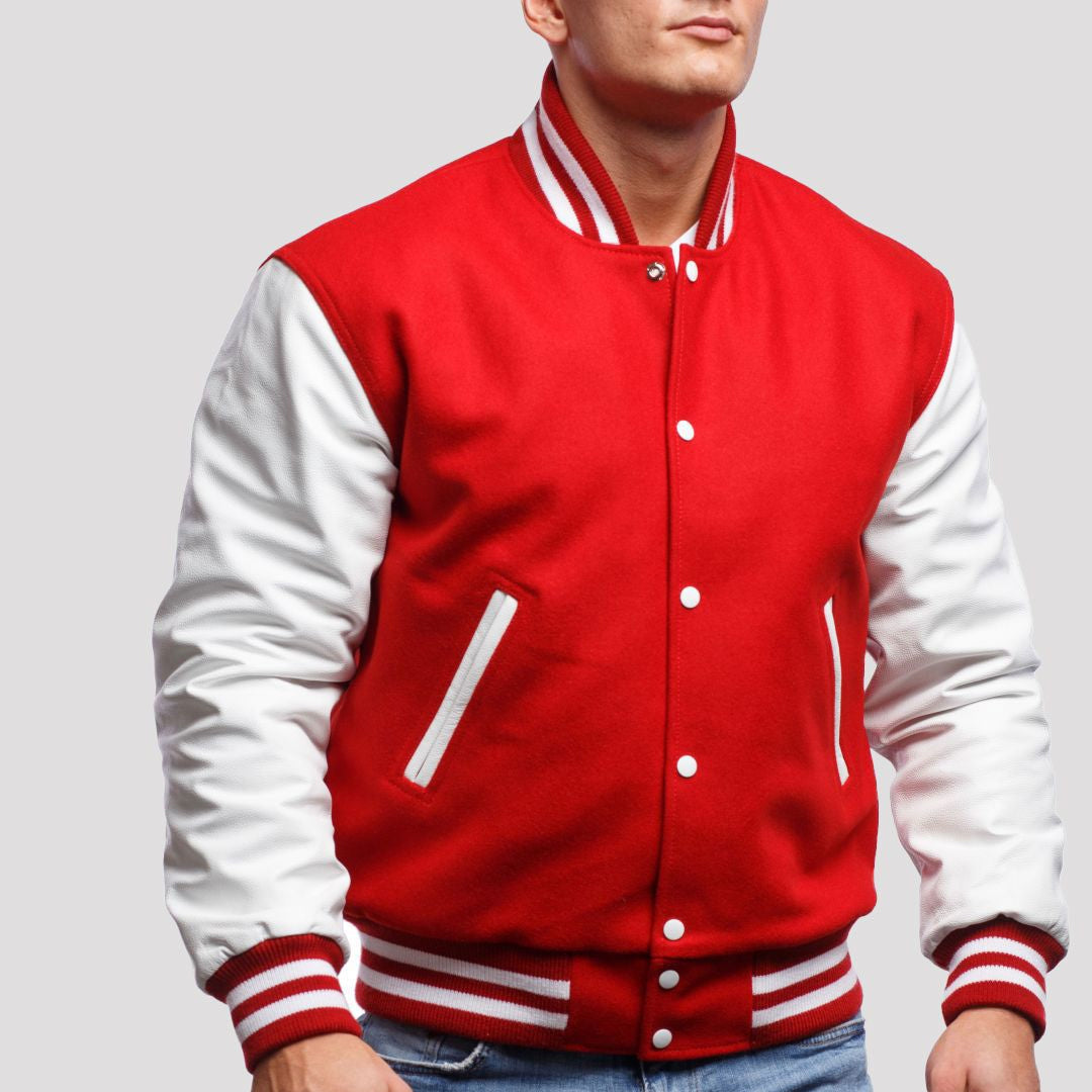 Scarlet Wool Body & Bright White Leather Sleeves Varsity Jacket