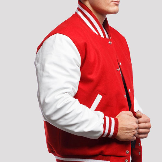 Scarlet Wool Body & Bright White Leather Sleeves Varsity Jacket
